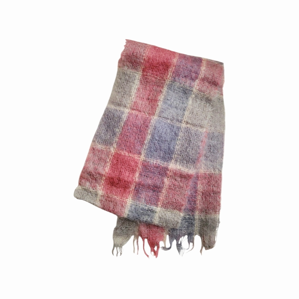 Vintage 60's Plaid Mohair Woven Fringe Scarf